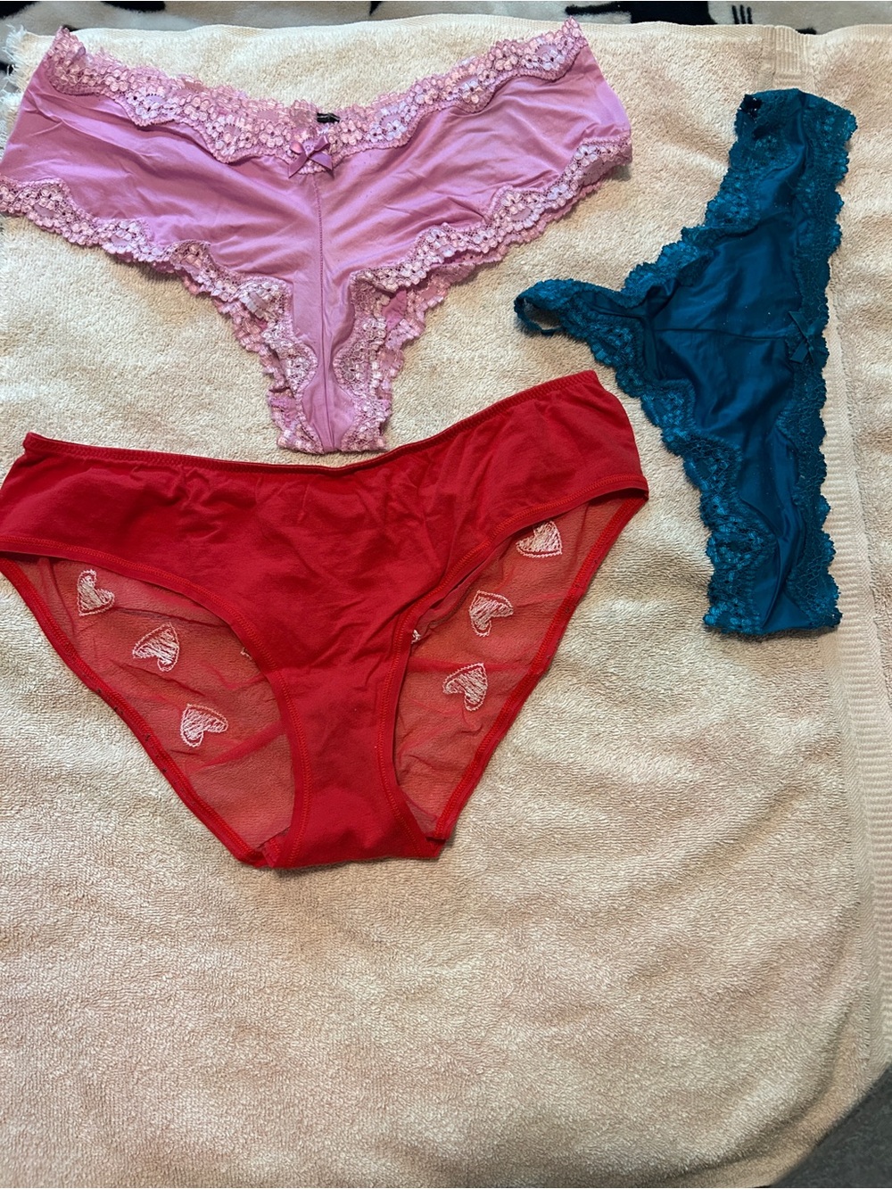 Victoria's Secret Three-Piece Lace & Mesh Panty Set - Pink, Red & Teal